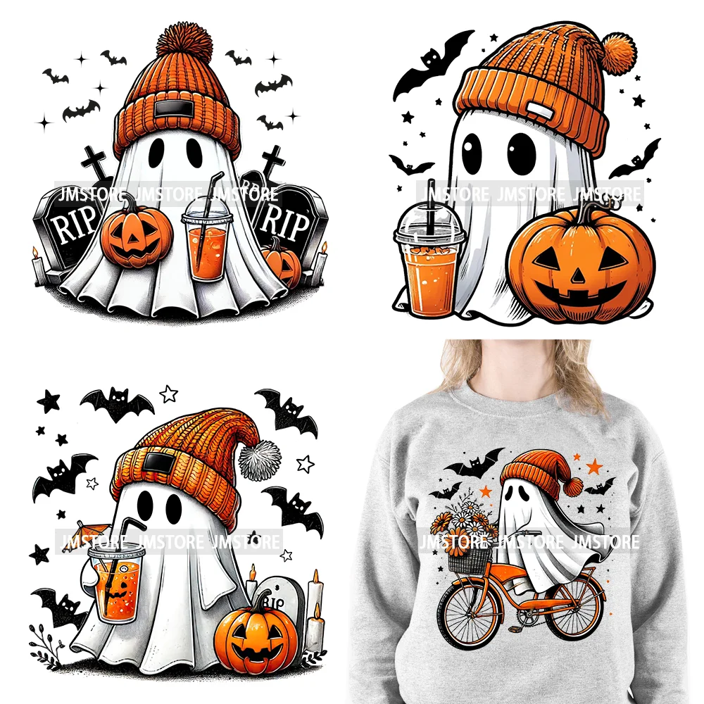 Spooky Cute Bougie Ride Floral Ghost Pumpkin Coffee Halloween Designs DTF Iron On Transfer Stickers Ready To Press For Clothes