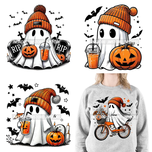 Spooky Cute Bougie Ride Floral Ghost Pumpkin Coffee Halloween Designs DTF Iron On Transfer Stickers Ready To Press For Clothes