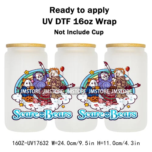 Scare Bears Halloween Horror Villain UV DTF Cup Wrap Ready To Apply Transfer Stickers Waterproof For Libbey Glass Can 16OZ Wraps