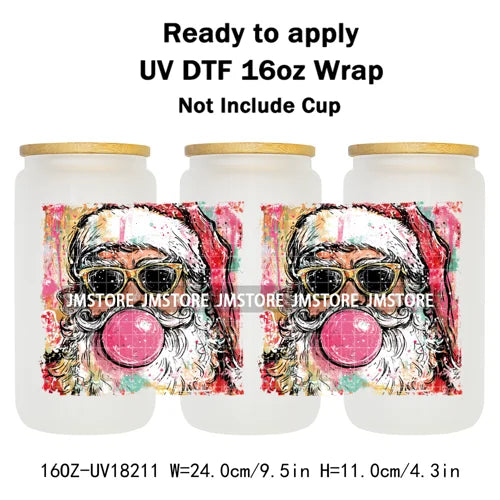 Preppy Brushstroke Christmas Santa Claus 16OZ UV DTF Cup Wraps Ready To Apply Waterproof Transfer Stickers For Libbey Glass Can