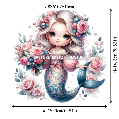 15cm 5.9in Cute Kid Flower Mermaid Iron On DTF Heat Transfer Sticker For Clothes Printed Thermal Applique Washable T-Shirt Decal