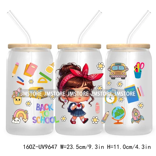 Back To School Cartoon Princess 16OZ UV Cup Wrap DTF Transfer Sticker For Libbey Glass Can Cups Tumbler Waterproof Label Teacher