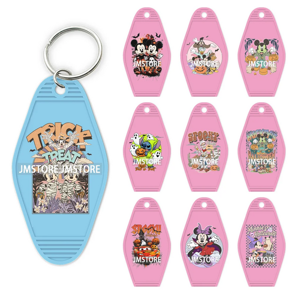 Spooky Halloween Cartoon Character Couple UV DTF Motel Keychain Wrap Ready To Apply Waterproof High Quality Hotel Keychain Decal