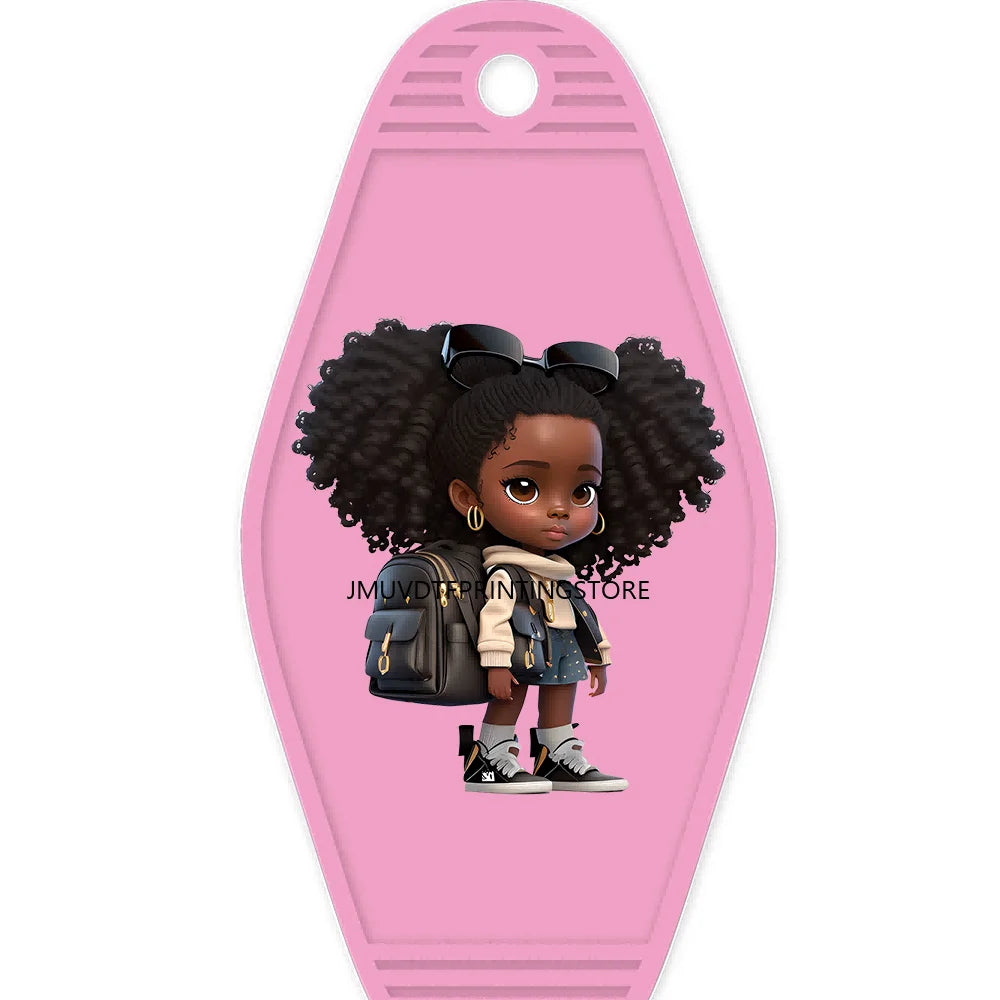 School Melanin Black Girls With Luggage High Quality WaterProof UV DTF Sticker For Motel Hotel Keychain Afro Children