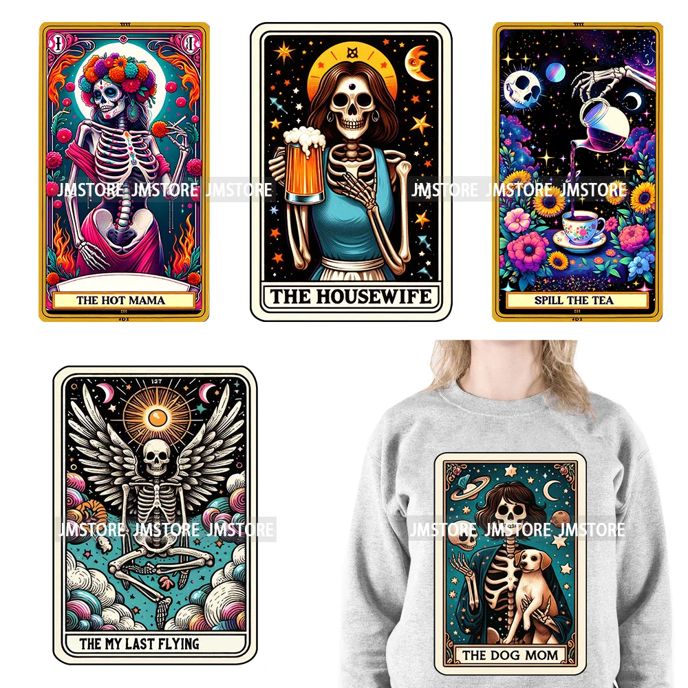 Funny Sarcastic Hot Mama Housewife Women Skull Tarot Card Printing DTF Diy Iron On Transfer Stickers Ready To Press For Clothing