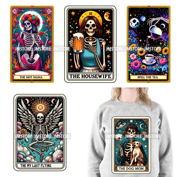 Funny Sarcastic Hot Mama Housewife Women Skull Tarot Card Printing DTF Diy Iron On Transfer Stickers Ready To Press For Clothing