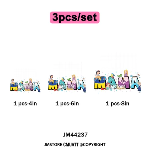 Cartoon Mama Princess Happy Mother's Day Family Vacation Iron on Washable DTF Heat Transfers Stickers Ready to Press for Hoodies