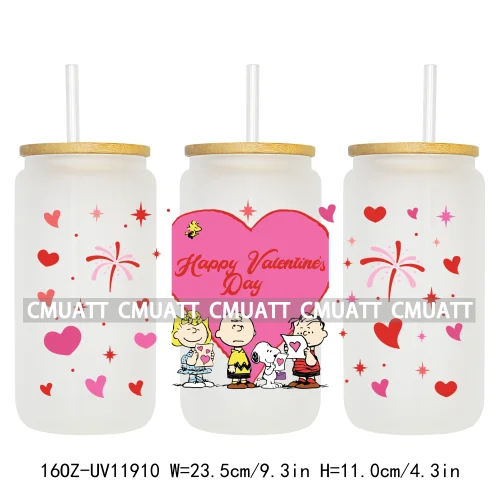 Cartoon Pink Sweet Happy Valentine‘s Day Kids Love Characters UV DTF Stickers Cup Wraps Logos For 16OZ Libbey Glass Can