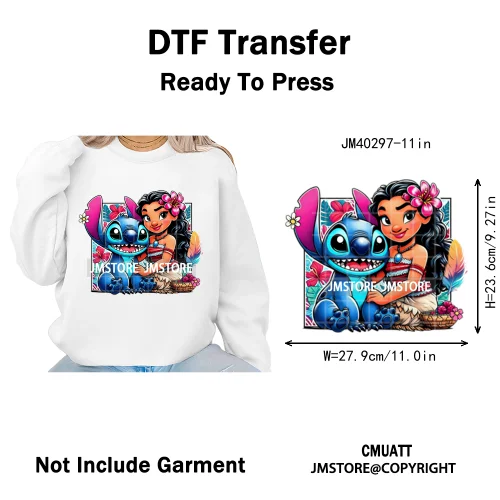 Cute Cartoon Blue Animal Princess Best Friends Designs Iron on DTF Washable Transfers Stickers Ready to Press for Clothing Bags