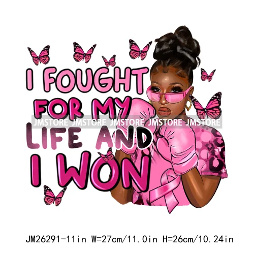 Afro Woman Pink Fight Like A Queen Hope Blessed Breast Cancer Awareness DTF Iron On Transfer Stickers Ready To Press For Hoodies