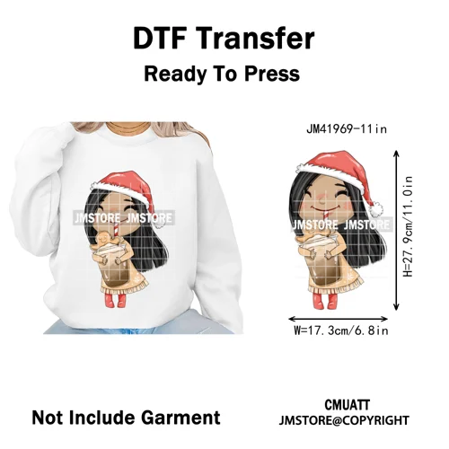 Cute Winter Christmas Girls Baby Mermaid Kids Cartoon Character Iron on DTF Washable Transfers Stickers Ready to Press for Texti