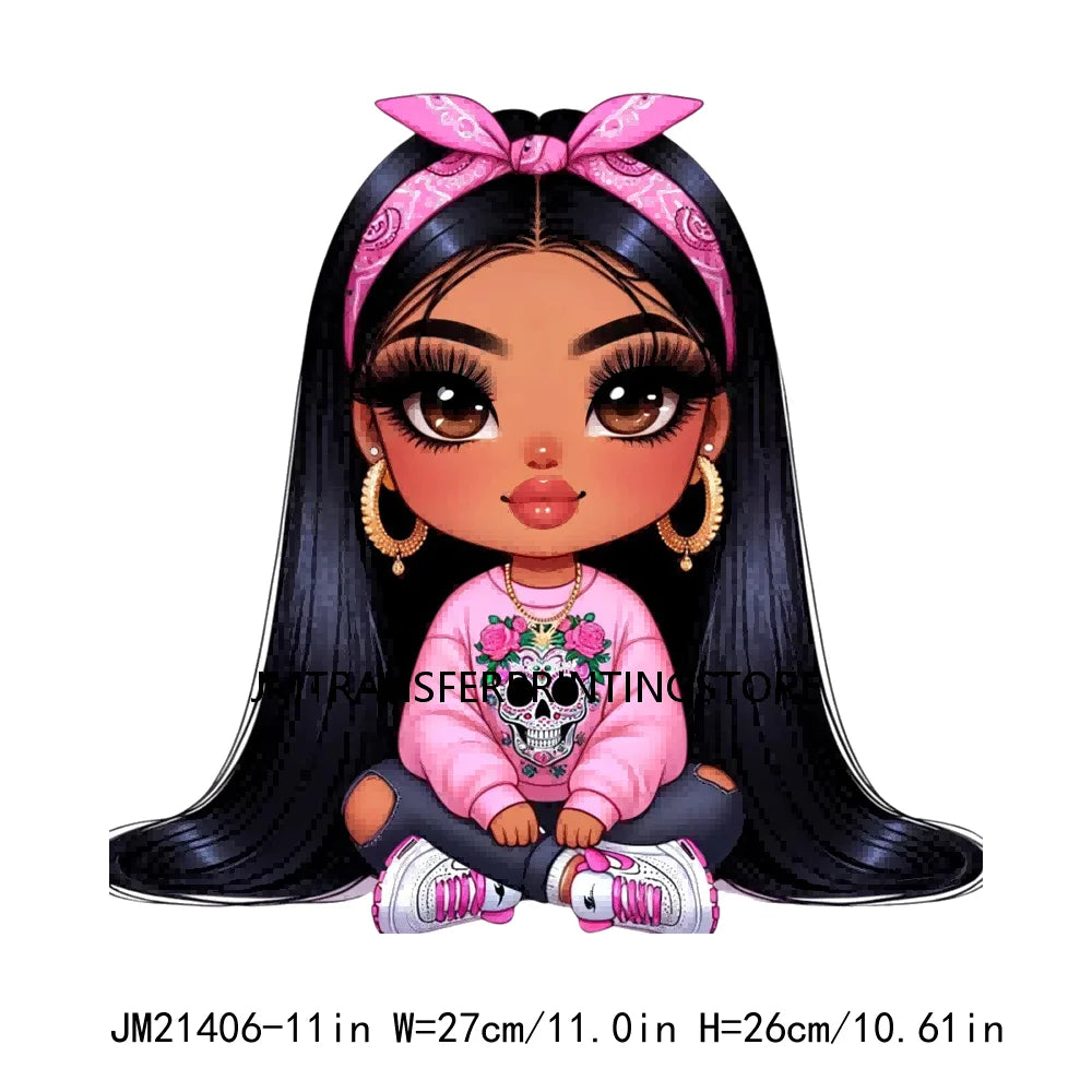 Pink Bow Long Hair Chibi Cute Chicana Doll Girls With Earing Washable Iron On DTF Transfers Stickers Designs For Sweatshirt