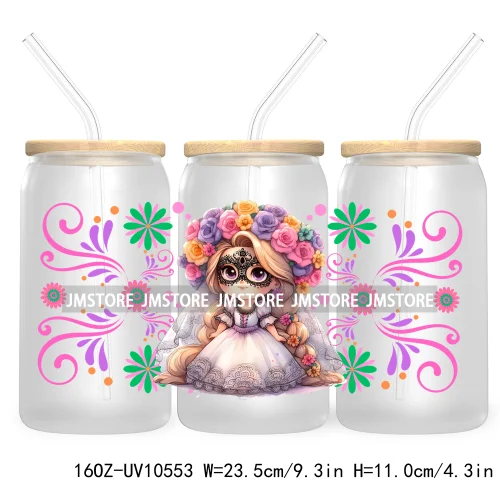 Dia De Los Muertos Mexican UV DTF Sticker For 16OZ Libbey Glass Cup Can Wrap Transfer Stickers Hispanic Halloween Sugar Skulls