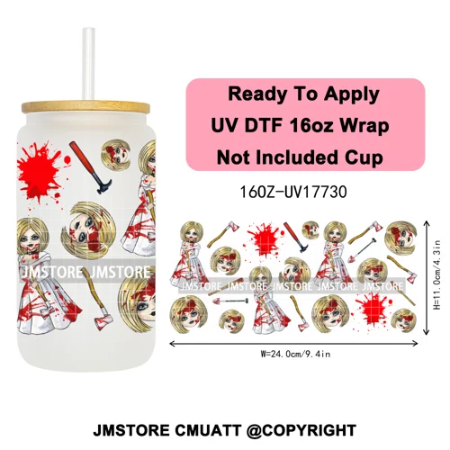 Horro Killer Witch Halloween UV DTF Cup Wrap Ready To Apply Transfer Stickers Waterproof 16OZ Tumbler Wraps For Libbey Glass Can