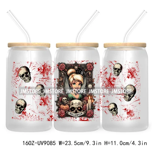 Spooky Halloween Princess 16OZ UV Cup Wrap DTF Transfer Sticker For Libbey Glass Can Cup Tumbler Waterproof Label Trick or Treat