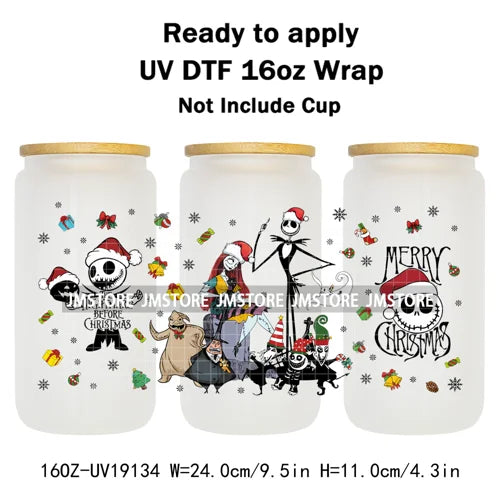 Horror Christmas Nightmare Character UV DTF Wrap Transfer Sticker Selfadhesive Waterproof High Quality For 16OZ Libbey Glass Can