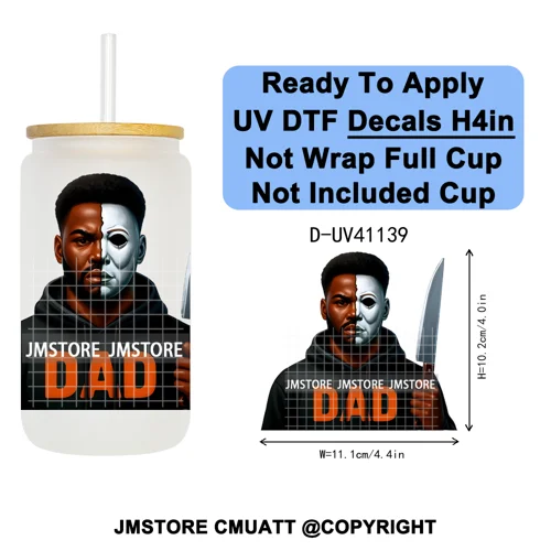 Black Horror Dad Halloween Spooky Daddy UV DTF Decals Ready To Apply Waterproof Transfer Stickers For 16OZ Libbey Glass Can Cups