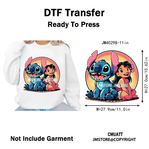 Cute Cartoon Blue Animal Princess Best Friends Designs Iron on DTF Washable Transfers Stickers Ready to Press for Clothing Bags