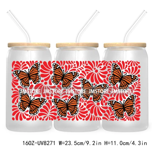 Mexican Butterfly Flowers 16OZ UV DTF Cup Wrap Transfer Sticker Custom Label Waterproof Logo For Libbey Glass Can Latina Culture