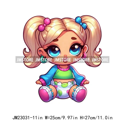 Fashion Beautiful Chibi Doll Lady Girls Baby Iron On DTF Transfer Stickers Ready To Press For Clothes