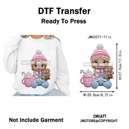 Faux Yarn Pink Hot Cocoa Cartoon Character Santa Cozy Christmas Iron on  DTF Transfers Stickers Ready to Press for T-shirts Bags