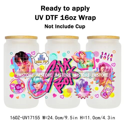 Kpop Demon Inspired Movie Boy Band Hunter Girl Anime Fan UV DTF Wraps Transfer Sticker Waterproof Logo For 16OZ Libbey Glass Can