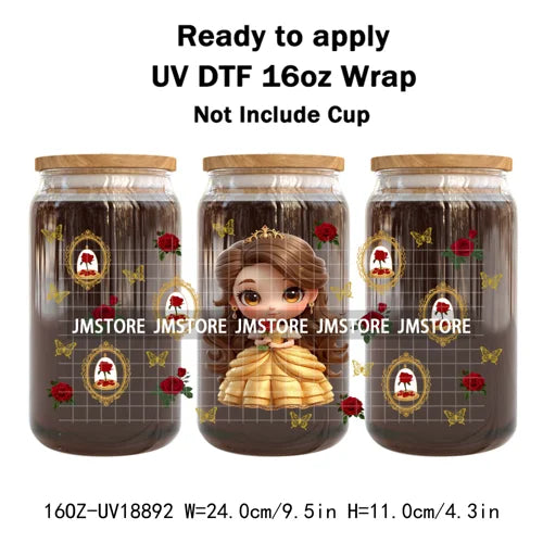 Baby Princess Cartoon Flowers Butterfly 16OZ UV DTF Cup Wraps Ready To Apply Waterproof Transfer Stickers For Libbey Glass Can