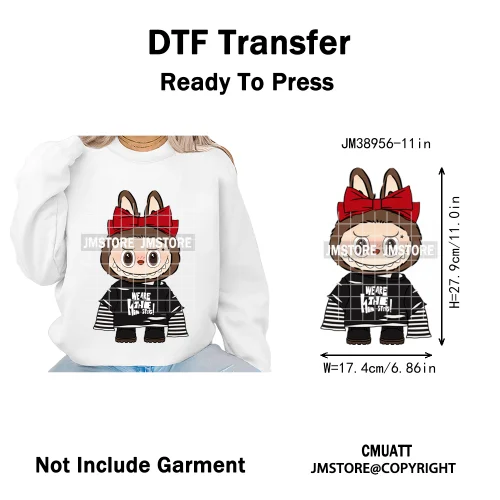 Coquette Bow Monster Doll Drinking Soda Bottle Thermal Printing Iron on DTF Washable Transfer Sticker Ready to Press for Clothes
