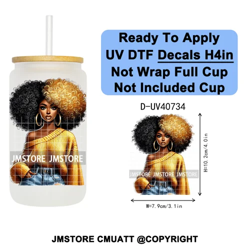 Big Hair Fashionable Black Girl UV DTF Decals Ready To Apply Waterproof Transfer Stickers DIY Crafts For 16OZ Libbey Glass Can