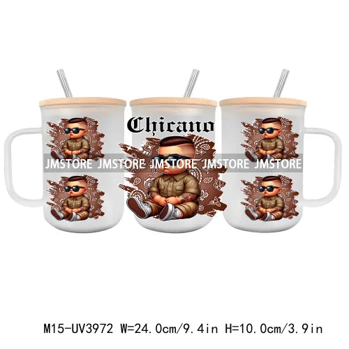 Cartoon Chicano Girls Rose UV DTF Glass Can Wrap For 15OZ Mug Coffee Cup Transfer Sticker DIY Custom Logo Labels Mexican Culture