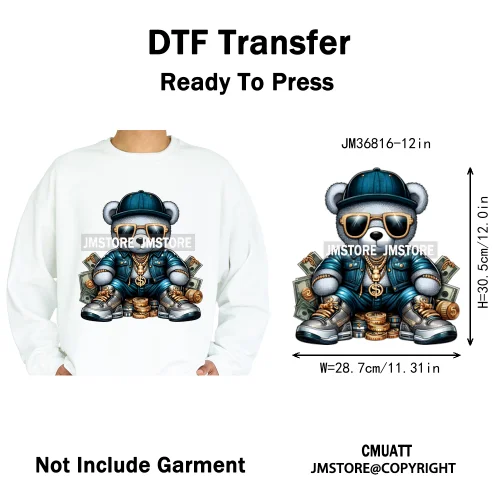 12in Hip Hop Vibes Urban Style Rich Bear With Gold Chains King Animal Iron on DTF Transfers Stickers Ready to Press for Textile