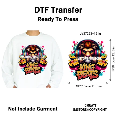 12in Cool Jungle King Beats Graffiti Hip Hop Animals Lover Iron on DTF Thermal Transfers Stickers Ready to Press for T-shirts