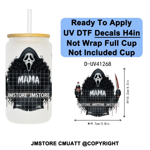 Black Girl Horror Characters Halloween Coffee UV DTF Transfer Sticker Decals Ready To Apply Waterproof For 16OZ Libbey Glass Can