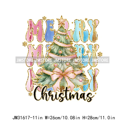 Merry And Bright Christmas Faux Gold Giltter Coquette Tree Gifts Girly Iron On DTF Transfer Stickers Ready To Press For Clothing