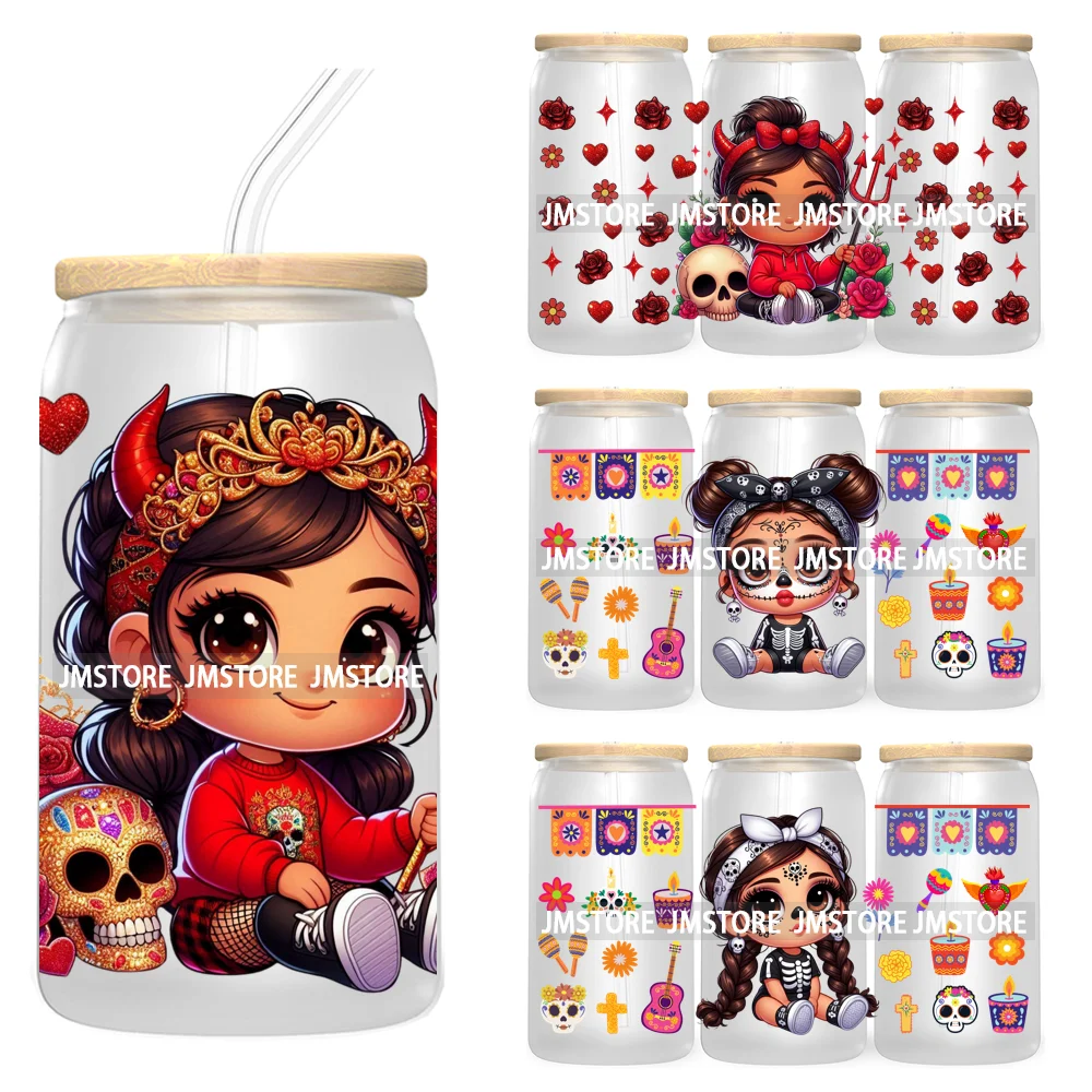 Day Of The Dead 16OZ UV DTF Cup Wrap Transfer Stickers Hispanic Chibi Baby Girl Custom Labels Waterproof For Libbey Glass Can