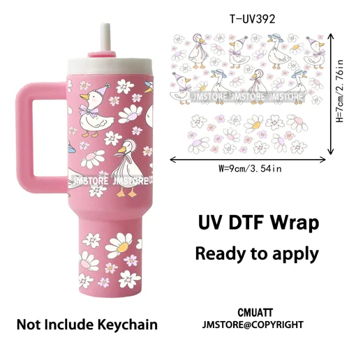 Pink Coquette Bow Goose Daisy Flower UV DTF Mini Tumbler Keychain Wraps Ready To Apply Transfer Stickers Prints Waterproof Decal