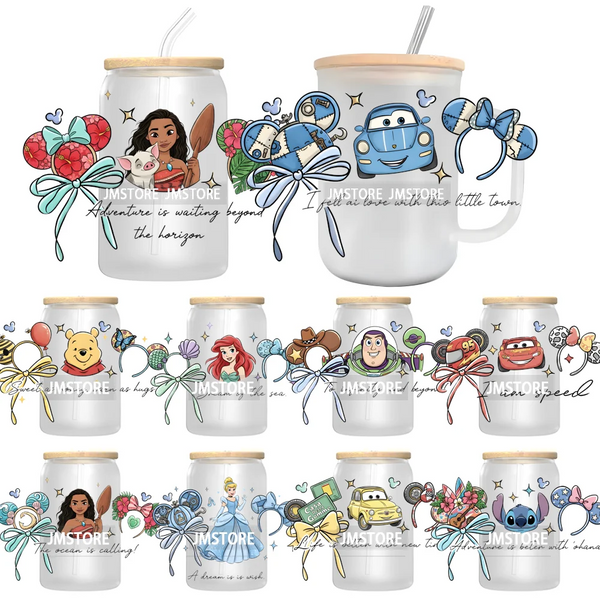Cartoon Mouse Head Princess Family Vacation UV DTF Decals Ready To Apply Waterproof Transfer Stickers For 16OZ Libbey Glass Can
