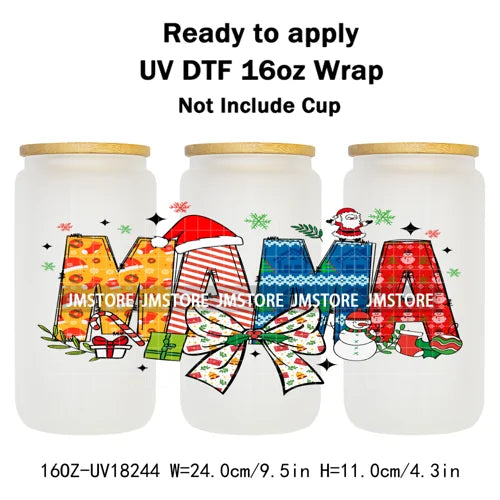 Christmas Mama Mini Coquette Family Xmas 16OZ UV DTF Cup Wraps Ready To Apply Waterproof Transfer Stickers For Libbey Glass Can