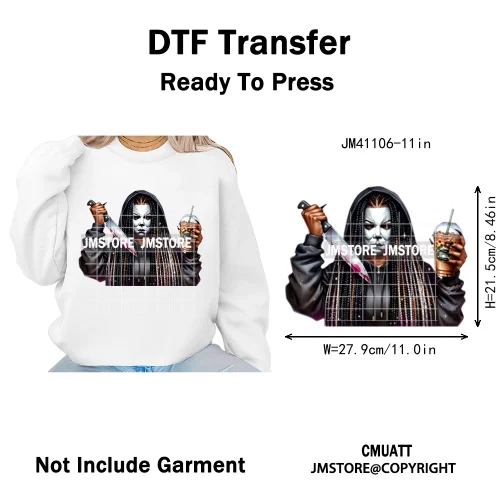 Horror Afro Mama Coffee Lover Scary Girly Killer Halloween Movie Iron on DTF Transfers Stickers Ready to Press for Textile Bags