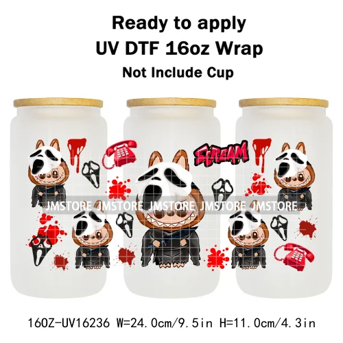 Laboo Horror Movie Characters Halloween 16OZ UV DTF Cup Wraps Ready To Apply Waterproof Transfer Stickers For Libbey Glass Can