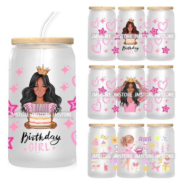 Pink Birthday Girl Queen 16OZ UV DTF Cup Wrap Transfer Stickers Custom Labels DIY Durable Waterproof Logo For Libbey Glass Can