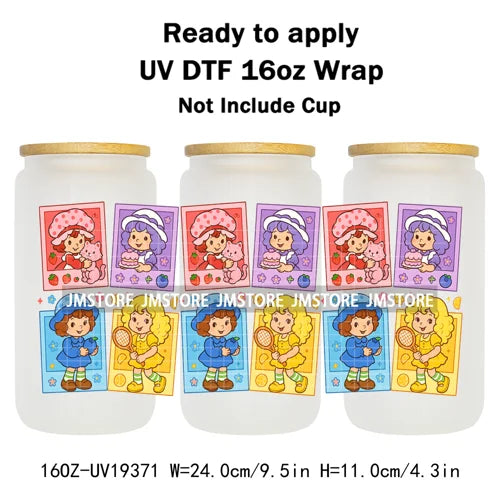 Strawberry Girls Cartoon Magic Mirror UV DTF Transfer Sticker Cup Tumbler Wrap For 16OZ Libbey Glass Wraps Bottle Mug DIY Labels
