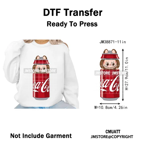 Coquette Bow Monster Doll Drinking Soda Bottle Thermal Printing Iron on DTF Washable Transfer Sticker Ready to Press for Clothes