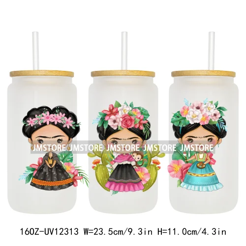 Floral Mexican Woman Latina Culture UV DTF Sticker For 16OZ Libbey Glass Cup Can Wrap Transfer Stickers Custom Labels DIY Logo