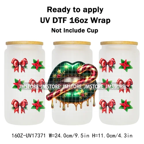 Colorful Christmas Lips Holiday Gifts Xmas Balls UV DTF Wraps Transfer Sticker Waterproof Logo For 16OZ Libbey Glass Can Tumbler