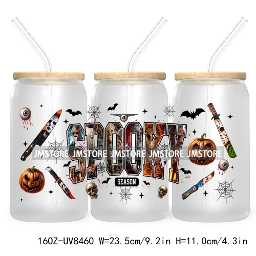 Halloween Characters 16OZ UV DTF Cup Wrap Transfer Sticker Custom Label Waterproof Logo For Libbey Glass Can Spooky Horror Movie