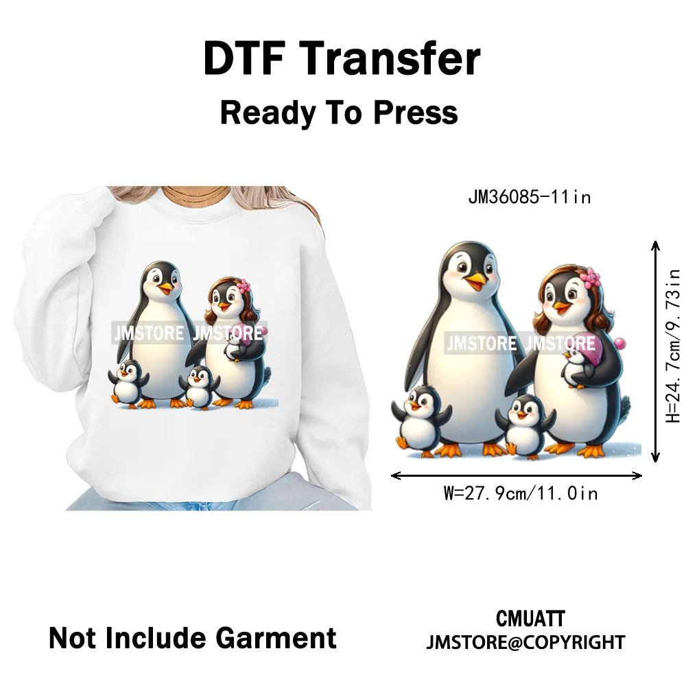 Cute Animal Penguins Coquette Hat Family Mom Father Baby Lovers Iron on DTF Heat Transfer Stickers Ready to Press for Hoodies