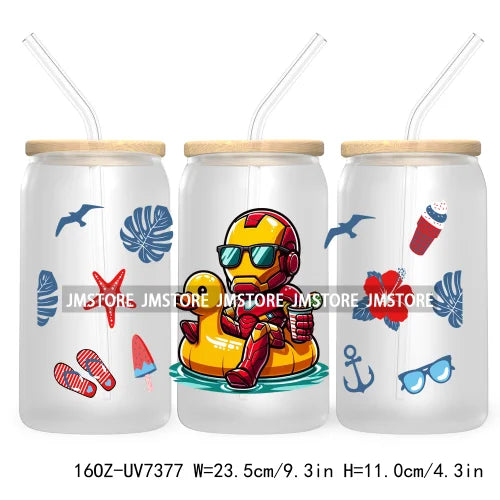 Hero Cartoon Summer Vacation 16OZ UV DTF Cup Wrap Transfers Stickers Custom Labels Durable Waterproof Logo For Libbey Glass Can