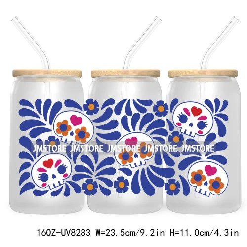 Mexican Butterfly Flowers 16OZ UV DTF Cup Wrap Transfer Sticker Custom Label Waterproof Logo For Libbey Glass Can Latina Culture