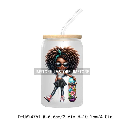 Black Chibi Girl UV DTF Transfers Stickers Decals For Libbey Cold Cups Mugs Tumbler Waterproof DIY Craft Beautiful Afro Woman